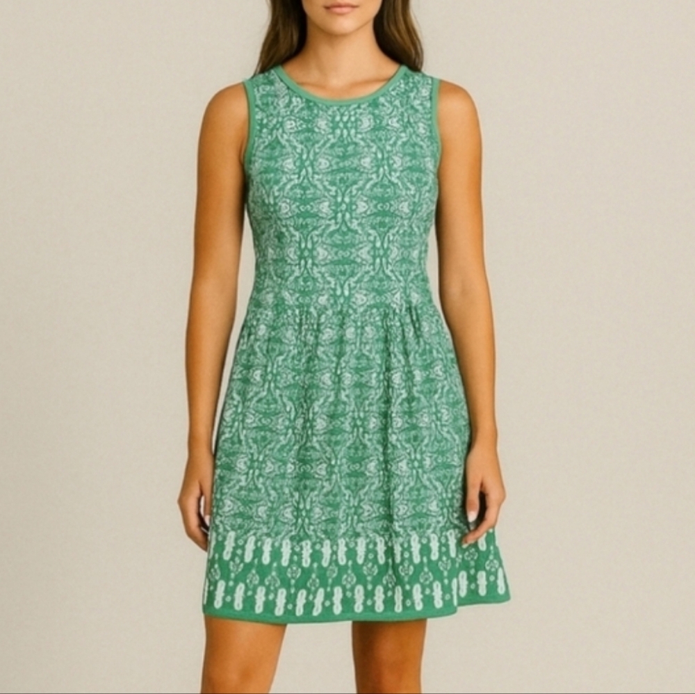 Sophie Max Kelly Green Floral Stripe Blue Fit Flare Sleeveless Swing Dress M - Picture 8 of 8